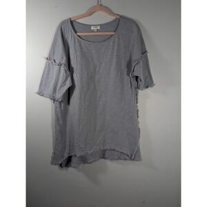 Umgee Womens Tunic Blouse Round Neck Fringes Short Sleeve Gray Medium Boho